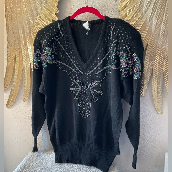 Vintage 1980s beaded sequin black sweater size 38 M/L women’s shoulder pads - Picture 4 of 12
